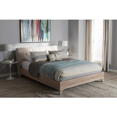Baxton Studio Adelia Mid-Century Light Beige Whitewash Queen Size Platform Bed
