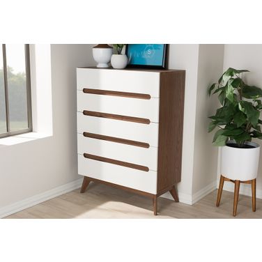 Baxton Studio Calypso Mid-Century Modern White And Walnut Wood 5-Drawer Storage Chest