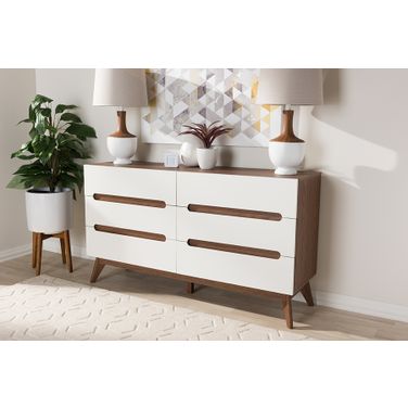 Baxton Studio Calypso Mid-Century Modern White And Walnut Wood 6-Drawer Storage Dresser