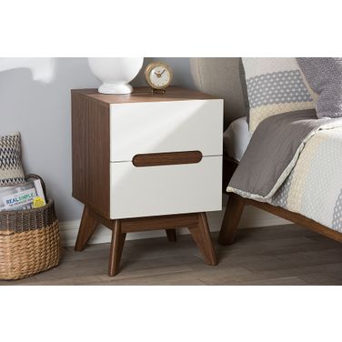 Baxton Studio Calypso Mid-Century Modern White and Walnut Wood 2-Drawer Storage Nightstand
