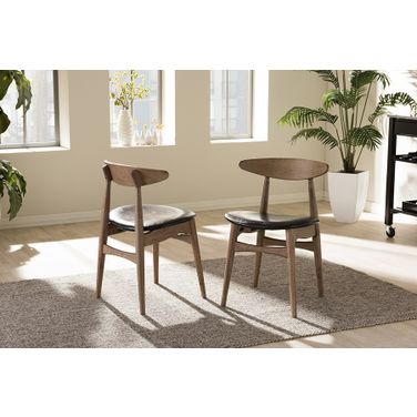 Edna Mid-Century Modern French Black Faux Leather And Oak Light Brown Finishing Wood Dining Chair Set of 2