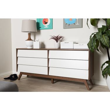 Baxton Studio Hildon Mid-Century Modern White And Walnut Wood 6-Drawer Storage Dresser