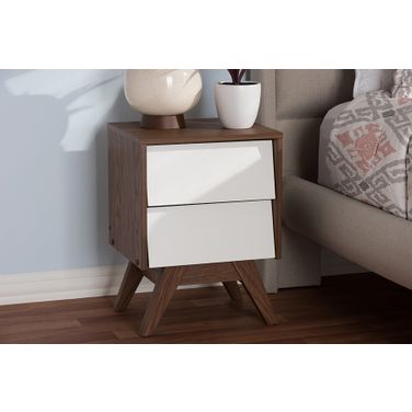 Baxton Studio Hildon Mid-Century Modern White And Walnut Wood 2-Drawer Storage Nightstand