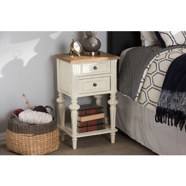 Baxton Studio Marquetterie French Provincial Style Weathered Oak And White Wash Distressed Finish Wood Two-Tone 2-Drawer And 1-Shelf Nightstand