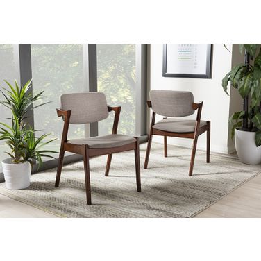 Elegant Mid-Century Dark Walnut Wood Grey Fabric Upholstered Dining Armchair Set of 2