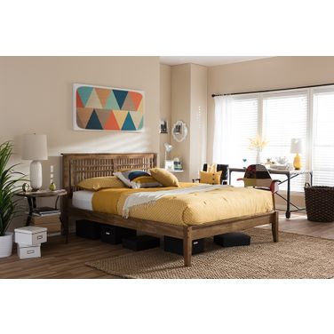 Baxton Studio Loafey Mid-Century Modern Solid Walnut Wood Window-Pane Style Queen Size Platform Bed