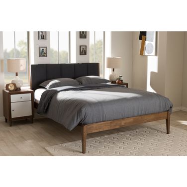 Baxton Studio Ember Mid-Century Dark Grey Fabric And Medium Brown Finish Wood King Size Platform Bed