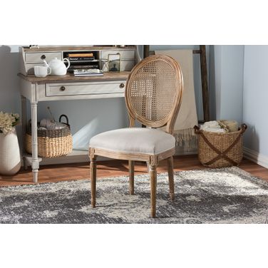 Baxton Studio Adelia French Vintage Cottage Weathered Oak Finish Wood And Beige Fabric Upholstered Dining Side Chair With Round Cane Back