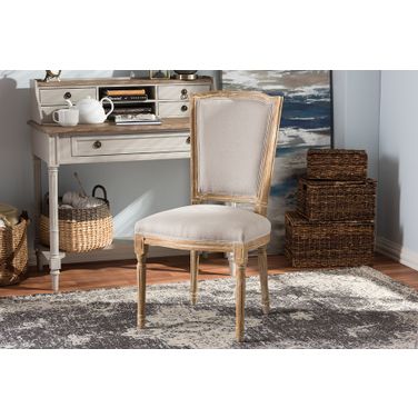 Baxton Studio Cadencia French Vintage Cottage Weathered Oak Finish Wood And Beige Fabric Upholstered Dining Side Chair