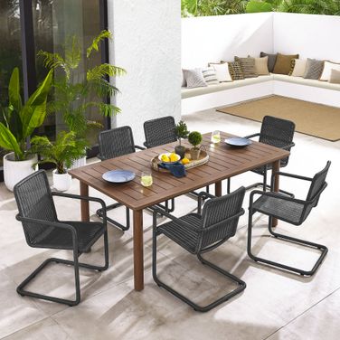 Abacus 7-Piece Rectangular Outdoor Patio Aluminum Dining Table Set with Rattan Armchairs In Slate and Walnut