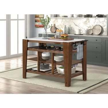 Acme Alaroa Kitchen Island With Marble Top And Rustic Brown Finish