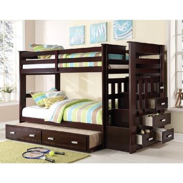 Acme Allentown Twin Over Twin Bunk Bed With Storage Ladder And Trundle In Espresso