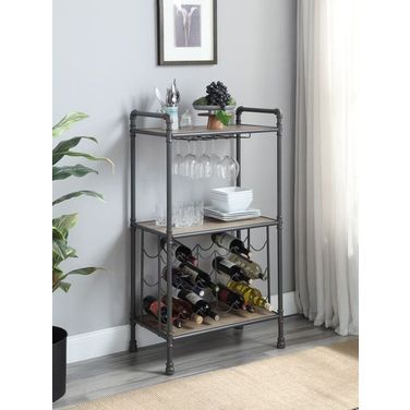 Acme Brantley Floor Wine Bottle And Glass Rack In Antique Oak And Sandy Gray Finish