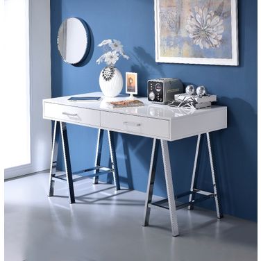 Acme Coleen Built-In Usb Port Writing Desk In White High Gloss And Chrome Finish