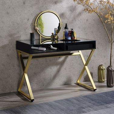 Acme Coleen Vanity Desk With Mirror And Jewelry Tray In Black And Gold Finish