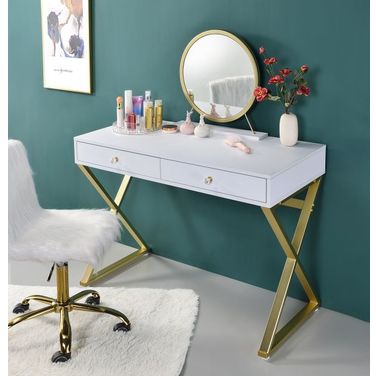 Coleen Vanity Desk With Mirror And Jewelry Tray In Chrome/White