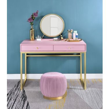 Coleen Vanity Desk With Mirror And Jewelry Tray In Chrome/Pink