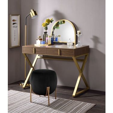 Coleen X-Shape Vanity Desk With Mirror And Jewelry Tray In Walnut And Gold Finish