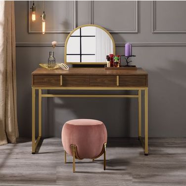 Coleen Vanity Desk With Mirror And Jewelry Tray In Walnut And Gold Finish