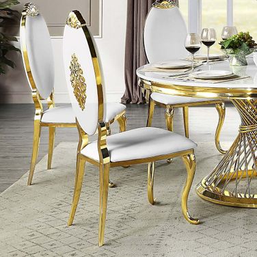 Acme Fallon Side Chair Set of 2 In White Pu and Mirrored Gold Finish