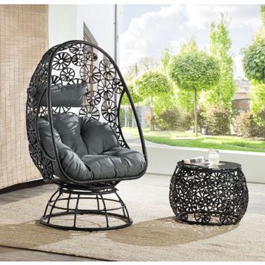 Acme Hikre Patio Lounge Chair And Side Table In Charcoal Fabric And Black Wicker
