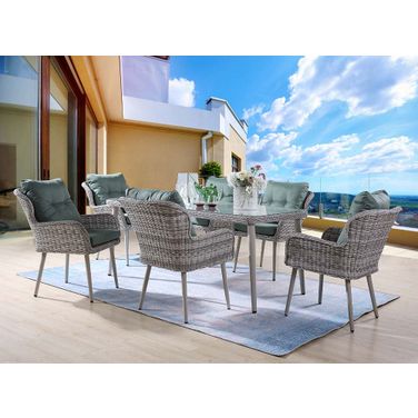 Acme Jenneva 7Pc Patio Dining Set In Night Green Fabric and Gray Finish