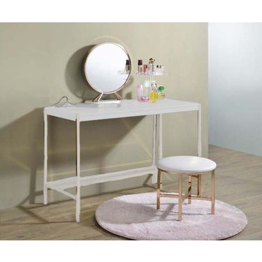 Acme Midriaks Mirror And Stool In White And Gold Finish