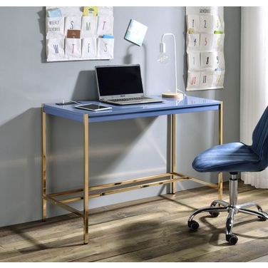 Acme Midriaks Writing Desk With Usb In Navy Blue And Gold Finish
