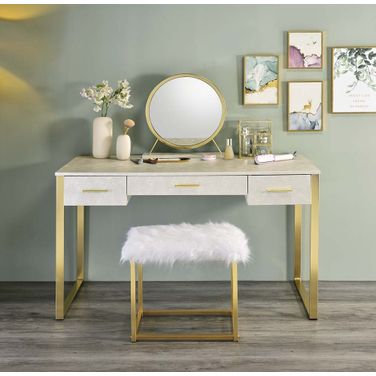 Acme Myles Vanity Set With Usb Port In Antique White and Champagne Finish