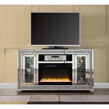 Acme Noralie TV Stand With Fireplace In Mirrored And Faux Diamonds