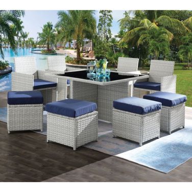 Acme Paitalyi 9 Piece Patio Set In Blue Fabric and Wicker