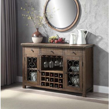 Acme Raphaela Server With Cup Holder And Wine Rack In Weathered Cherry Finish