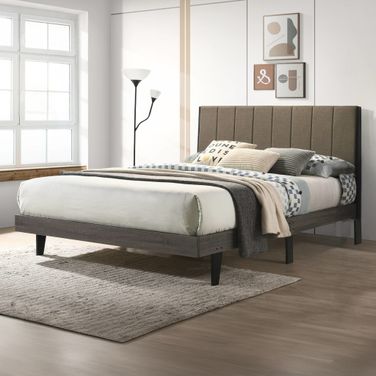 Acme Valdemar Queen Bed In Brown Fabric And Weathered Gray Finish