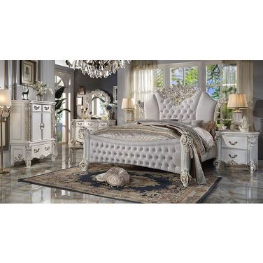 Acme Vendom Eastern King Bed In Two Tone Ivory Fabric And Antique Pearl Finish