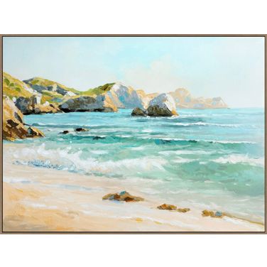 Adventurous Coastal Daybreak I - 36" x 48" - Hand-Embellished Canvas In Aqua and Beige