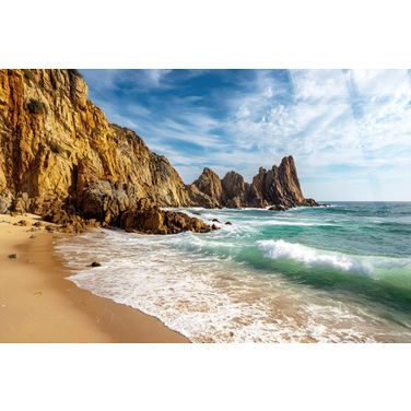 Adventurous Golden Shoreline - 40" x 60" - Tempered Glass In Blue/Brown/Tan