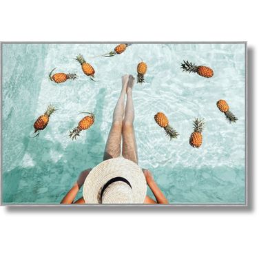 Adventurous Pineapples in Pool Art Wall Art In Blue and Multicolor