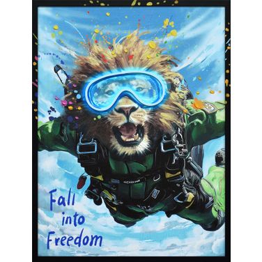 Adventurous Skybound Roar I - 33" x 25" - Hand-Embellished LED Canvas In Blue/Green/Yellow