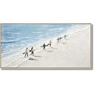 Adventurous Surfer Stroll on Sunlit Shore Canvas Wall Art In Multi