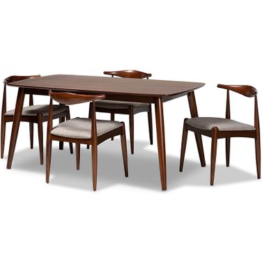 Aeron Mid-Century Modern Light Gray Fabric Upholstered Walnut Finished Wood 5-Piece Dining Set
