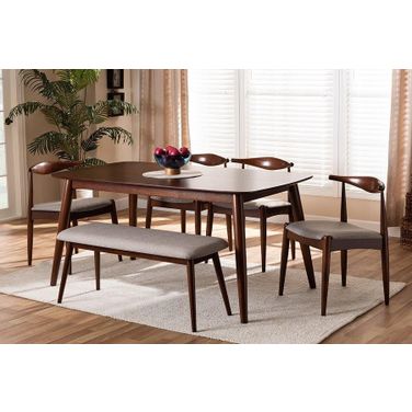 Aeron Mid-Century Modern Light Gray Fabric Upholstered Walnut Finished Wood 6-Piece Dining Set