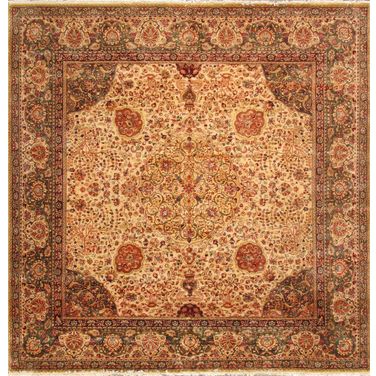 Agra Collection Hand-Knotted Lamb's Wool Area Rug-10' x 10' 4" In Beige and Multi