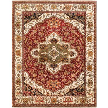 Agra Collection Hand-Knotted Lamb's Wool Area Rug- 8' x 10' In Burgundy and Beige