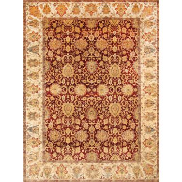 Agra Collection Hand-Knotted Lamb's Wool Area Rug- 9' 1" x 12' 2" In Ivory and Red