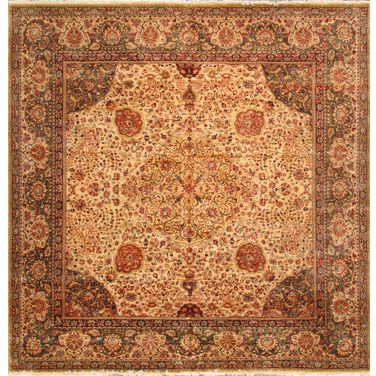 Agra Collection Hand-Knotted Lamb's Wool Area Rug- 9' 1" x 12' 7" In Green and Beige