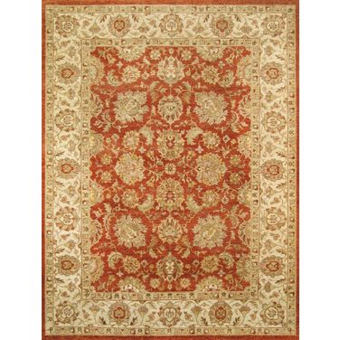 Agra Collection Hand-Knotted Lamb's Wool Area Rug- 9' 11" x 14' 3" In Ivory and Coral