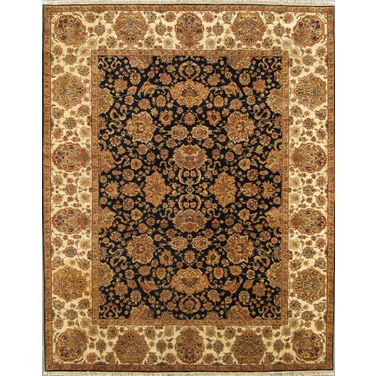 Agra Collection Hand-Knotted Lamb's Wool Area Rug- 9' x 12' 2" In Navy and Ivory