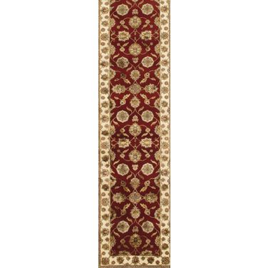 Agra Collection Hand-Knotted Silk and Wool Runner- 2' 6" x 19'11" In Ivory and Red