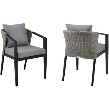 Aileen Outdoor Patio Dining Chair Set of 2 In Aluminum and Wicker with Gray Cushions
