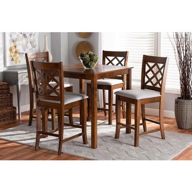 Alora Modern and Contemporary Grey Fabric Upholstered Walnut Brown Finished 5-Piece Wood Pub Set